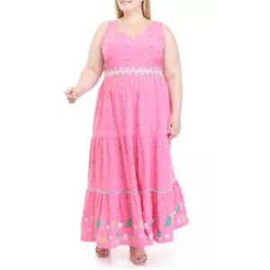 Crown &‎ Ivy Plus Pink & Multicolor Embroidered Tie Back Maxi Dress Size 18W